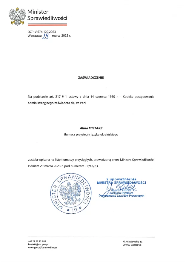 Tłumacz przysięgły języka ukraińskiego warszawa zaświadczenie