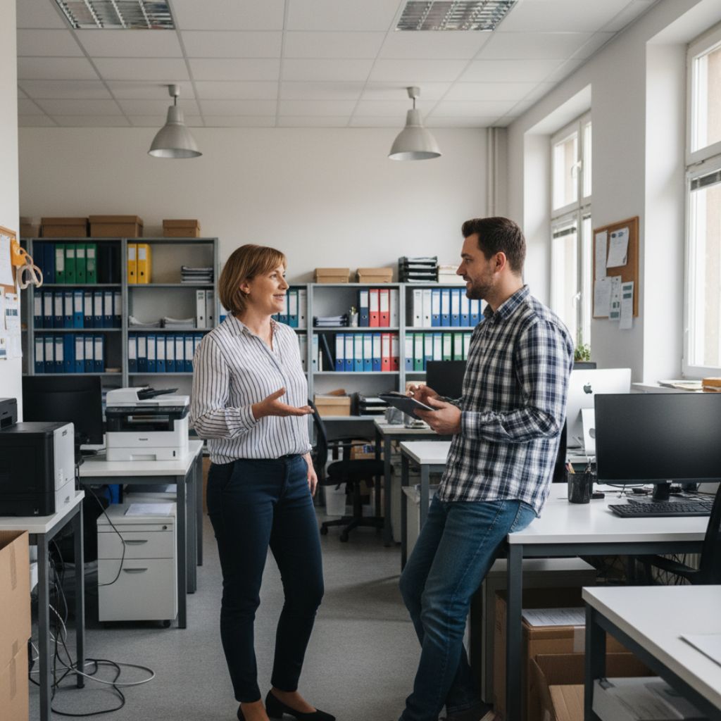 Two colleagues discuss something in a bright office with filing shelves and printers nearby, facing each other.