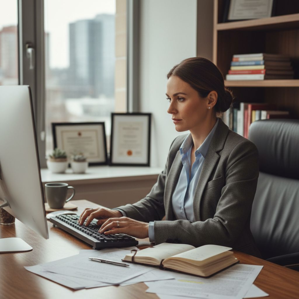 Professional woman in a blazer typing at a desk with a computer, papers, and a mug nearby in an office setting.