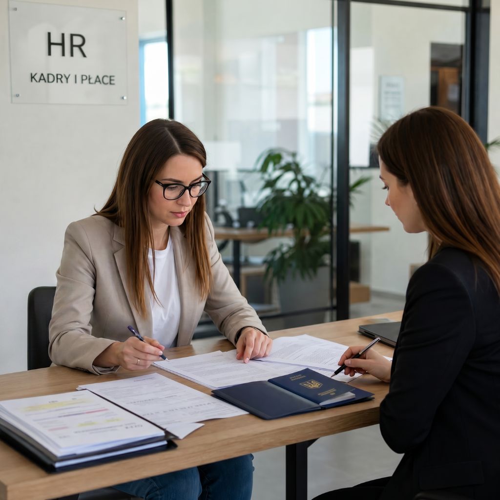 Two women sit at a desk in an HR office, reviewing and signing documents.