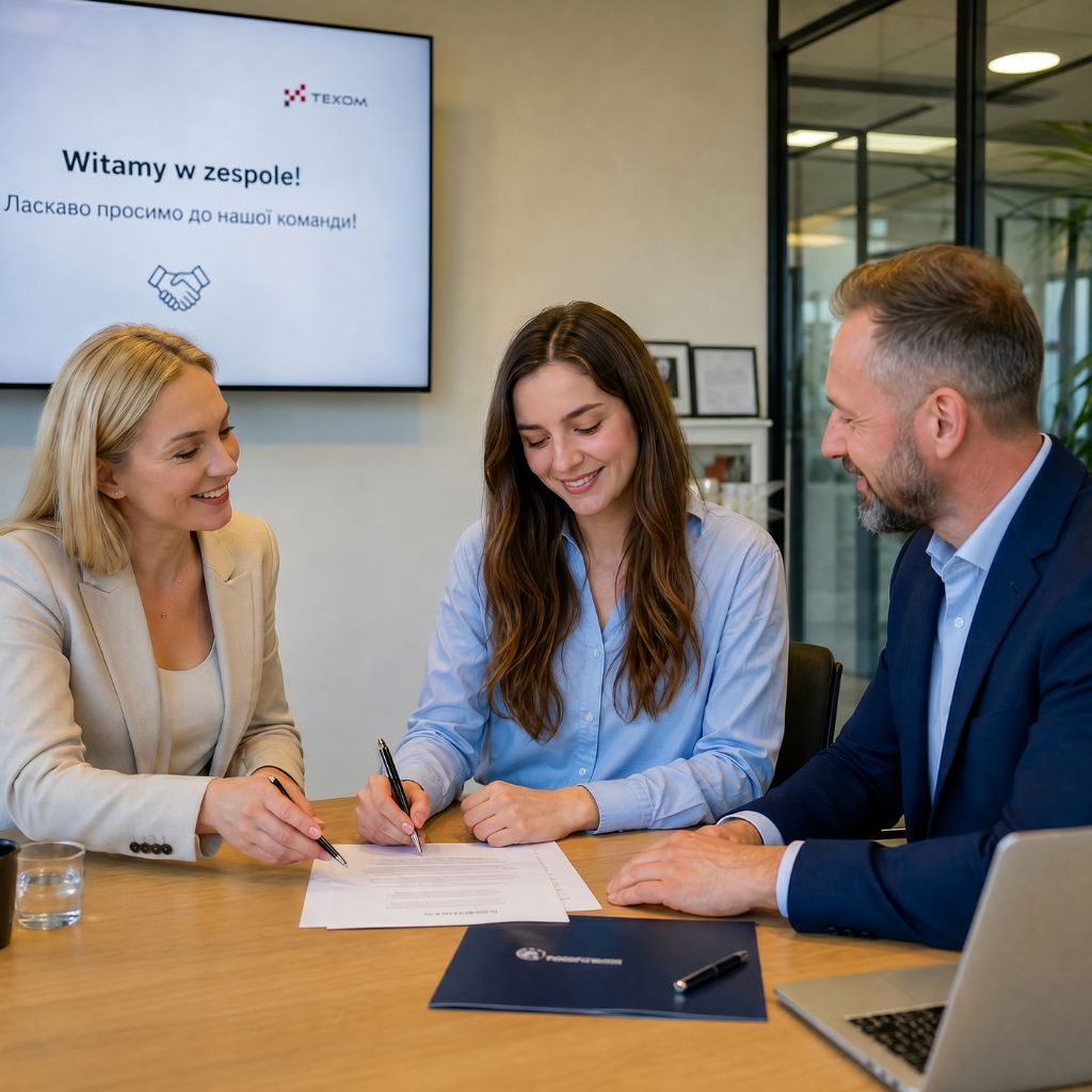 Three professionals sign a document at a conference table while smiling and collaborating in a modern office. Behind them is a screen with a welcome message in Polish.