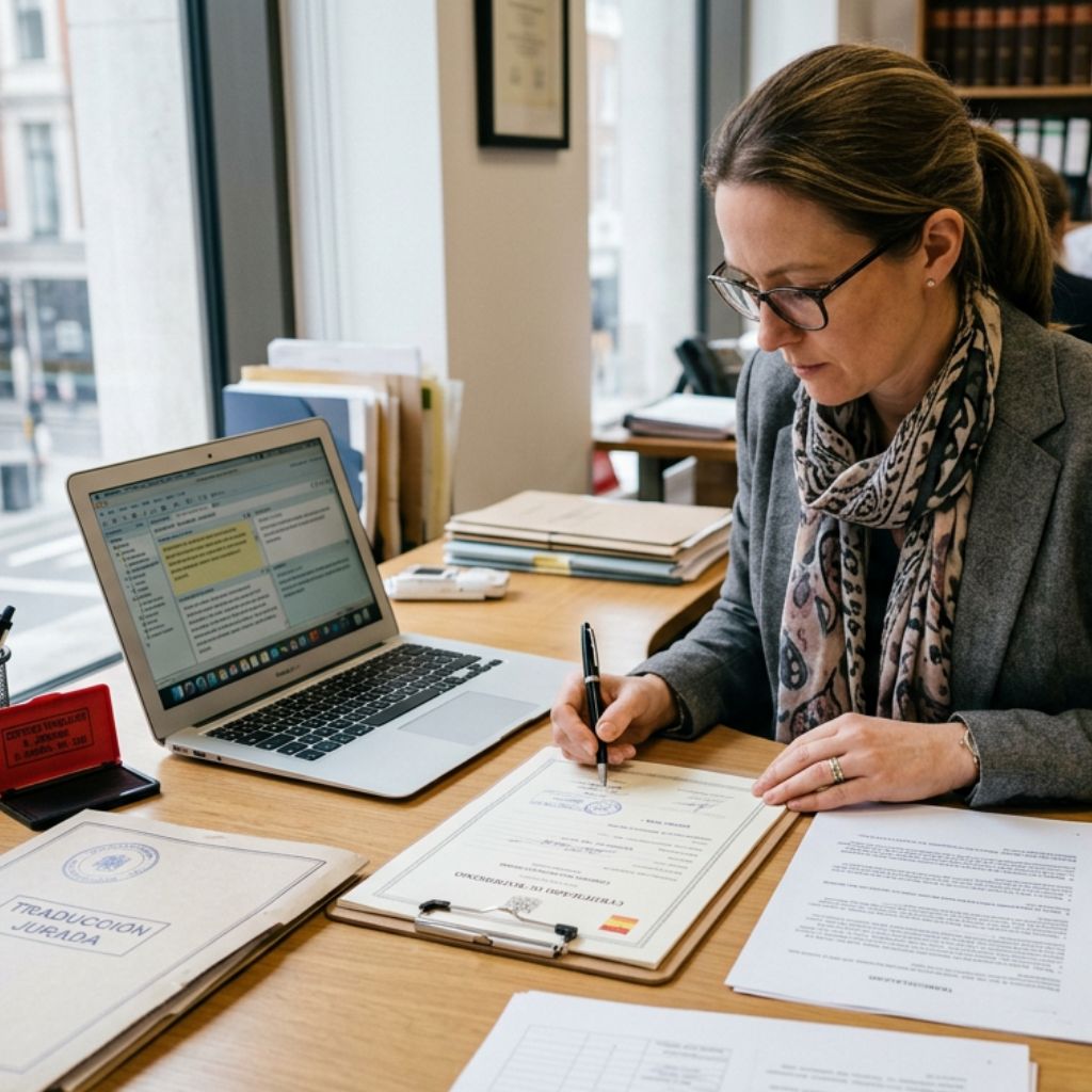 Professional woman in blazer and scarf signs a document at a cluttered office desk with a laptop nearby.