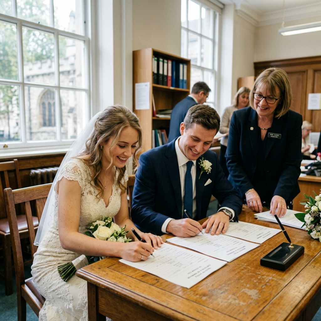 Bride and groom sign marriage documents at a wooden table as an officiant looks on in a bright room with large windows